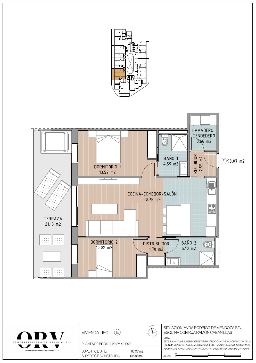 Plano vivienda tipología E — planta tipo