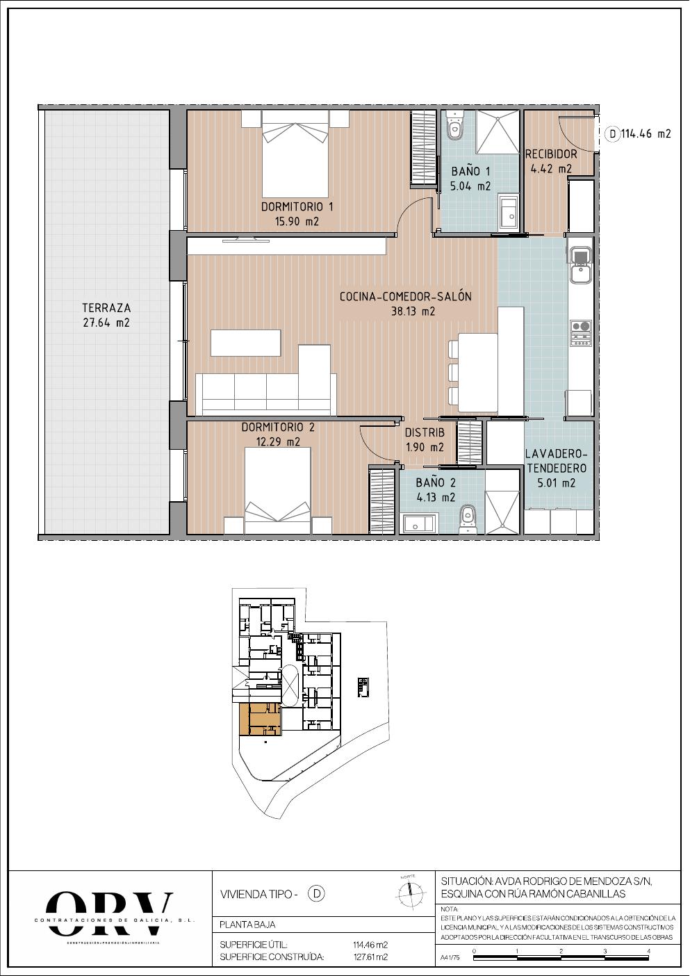 Plano vivienda Bajo D — planta baja
