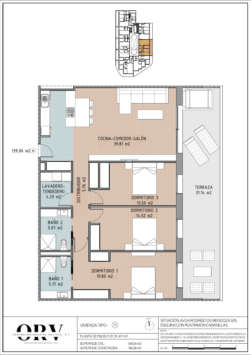 Plano vivienda tipología H — planta tipo