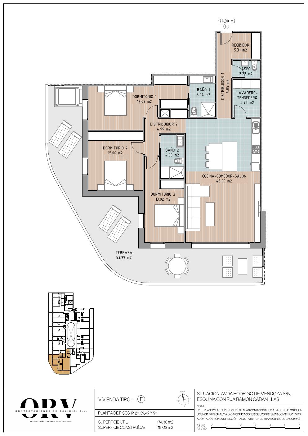 Plano vivienda tipología F — planta tipo