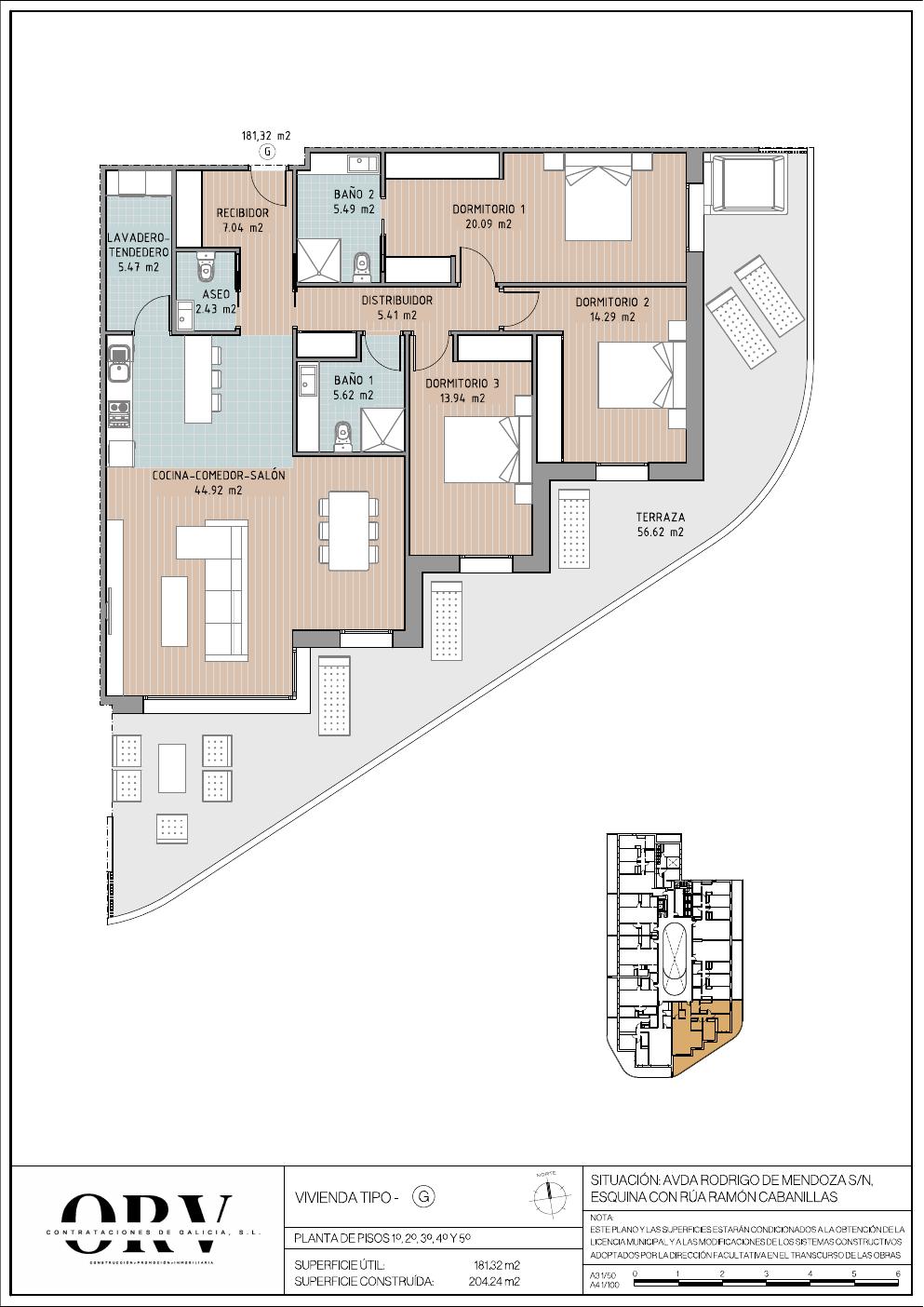 Plano vivienda tipología G — planta tipo