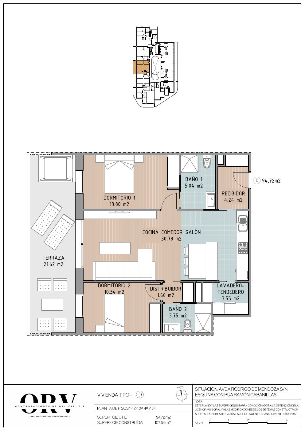 Plano vivienda tipología D — planta tipo