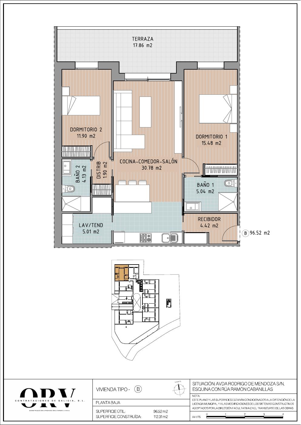 Plano vivienda Bajo B — planta baja